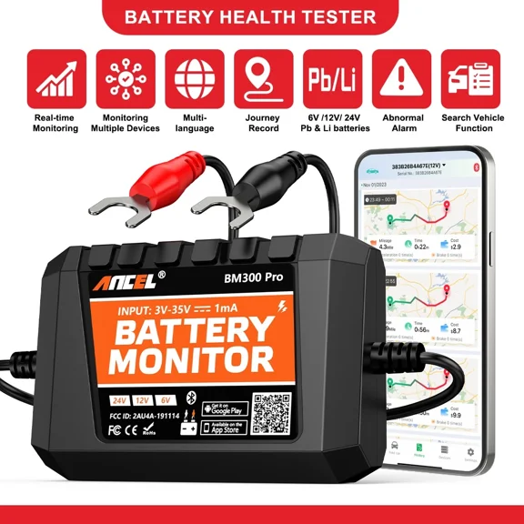 (Upgraded BM300) ANCEL BM300 Pro 6V 12V 24V Battery Monitor, Bluetooth 5.3 Battery Monitor with Charging, Cranking System Test & Alarm - IP67 Waterproof Voltmeter for Trucks, Cars, Motorcycles, Boats