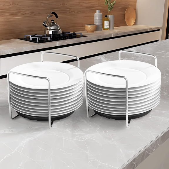 Upgraded Bamboo Plate Organizer with Stainless Steel Handle for Kitchen Counter Drawer Storage 2 Pack Adjustable