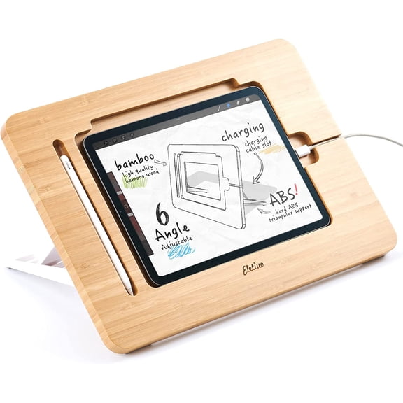 Upgraded Bamboo Wooden Drawing Ipad Holder with Pencil&Charger Cable Slot, Multi-Angle Adjustable Tablet Desktop,Foldable Portable Stand,Compatible with 12.9 inch ipad pro 3rd/4th/ 5th Gen
