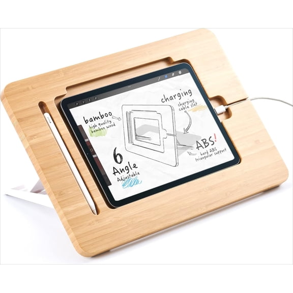 Upgraded Bamboo Wooden Drawing Ipad Holder with Pencil Charger Cable Slot, Multi-Angle Adjustable Tablet Desktop