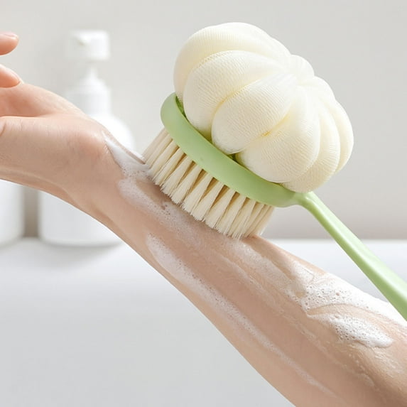 Upgraded Bath Brush Long Handle for Shower, 14" Back Shower Brush with Bristles and Loofah, Back Scrubber for Cleanse Back and Hard to Reach Areas with Curved Long Handle, Men and Women B