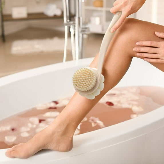 Upgraded Bath Brush Long Handle for Shower, 14" Back Shower Brush with Bristles and Loofah, Back Scrubber for Cleanse Back and Hard to Reach Areas with Curved Long Handle, Men and Women A