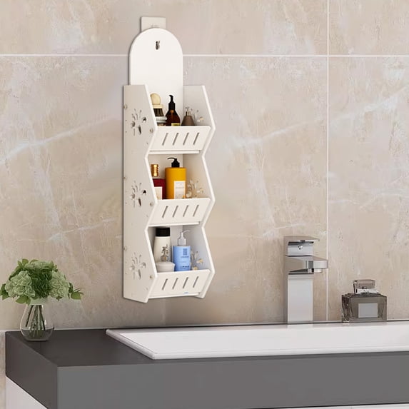Upgraded Bathroom Shelves Organizers and Storage,Wall Mounted No Drilling Adhesive Shelf Rack and Hooks for Vanity | Toilet, Plastic Shower Caddy Counter Organization A