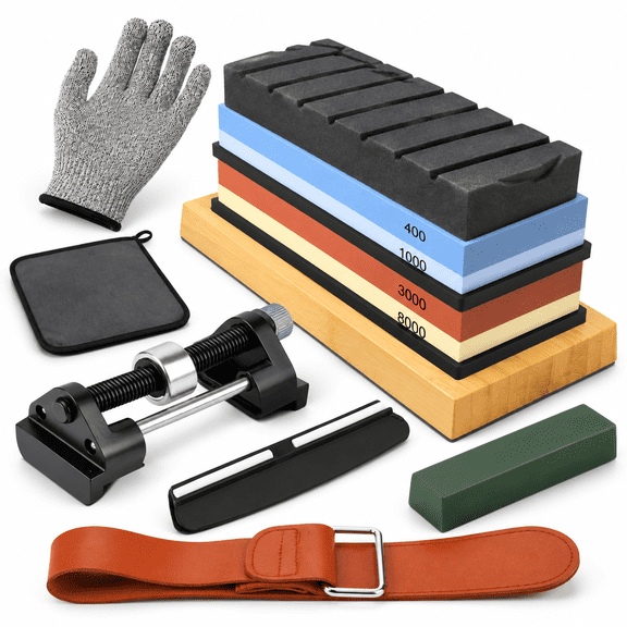 Upgraded Blue 12-Piece Whetstone Sharpening Kit with 4 Grit Levels and Accessories