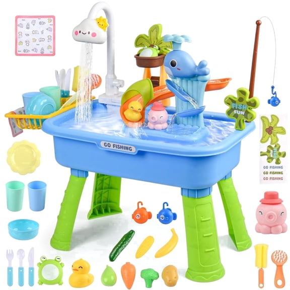 Blue Water Table for Boys/ 2–7 Years,20 in/51 cm, Outdoor Sensory Toys , Gift for Kids Play Sink with Pump & Running Water, Fishing Game.