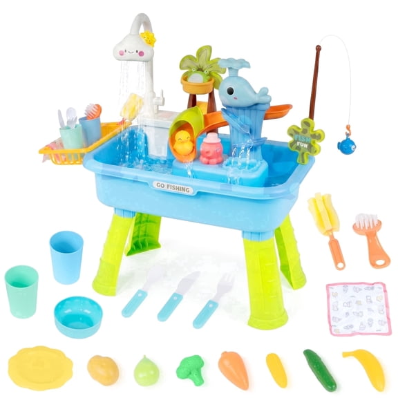Blue Water Table for Boys/ 2–7 Years,20 in/51 cm, Outdoor Sensory Toys , Gift for Kids Play Kitchen Sink with Pump & Running Water, Fishing Game.