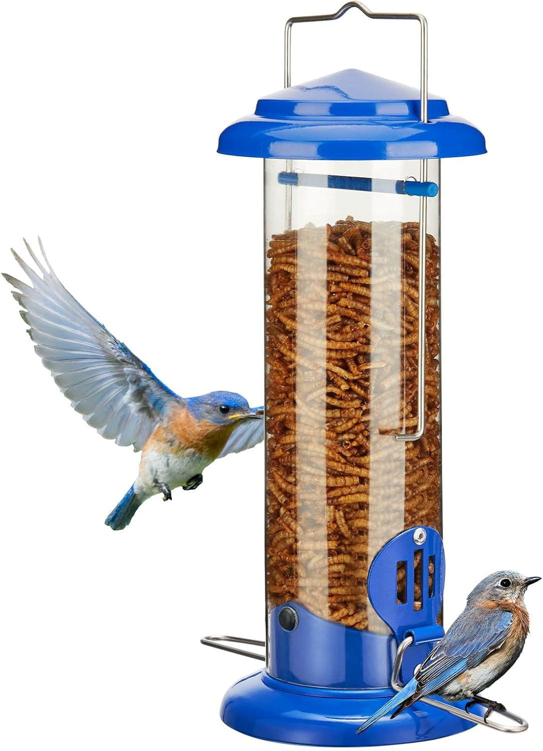 Upgraded Bluebird Feeder for Outdoors Hanging Metal Mealworm Tube Bird with Widen Perch Wild Birds Squirrel Chew Proof Easy to Refill & Clean(Blue)