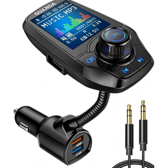 GUANDA Car Bluetooth Adapter, Bluetooth FM Transmitter for Car with 1.8” Color Display, Hands-Free Call, USB Charger, AUX & SD TF Card