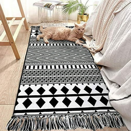 EARTHALL Boho Geometric Black White Cotton Bath Rug, 2'' x 4.3'', Hand-Woven with Tassels