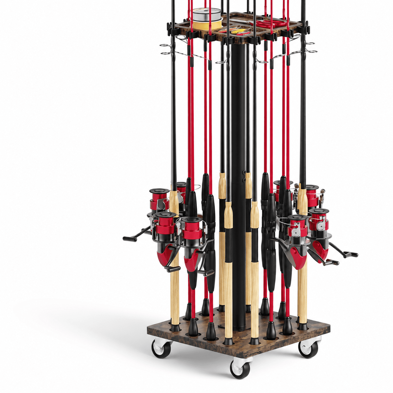 Rotating Rod Rack Upgraded Brown 16-Pole Fishing Rod Rack, 360° Rotating Base Wooden ...