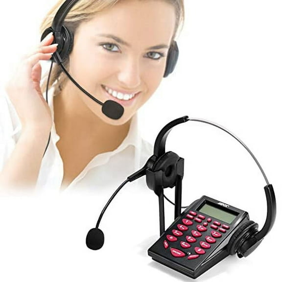 Upgraded Call Center Phone, AGPtEK Corded Telephone with Binaural Headset & Dialpad for House Call Center Office - Noise Cancellation