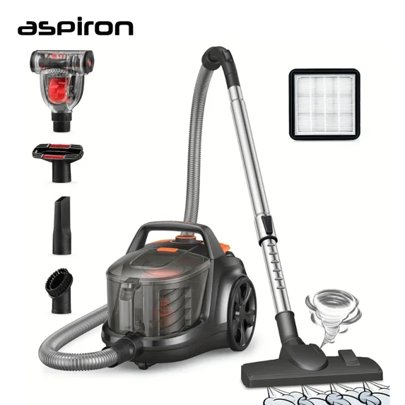 Upgraded Canister Vacuum Cleaner, 1200W Bagless Vacuum Cleaner, 3.7Qt Large Capacity, Auto Cord Rewind, Double HEPA Filter, 5 Tools For Hard Floors, Carpet, Pet, Upholstery, Tiles, Car, Orange