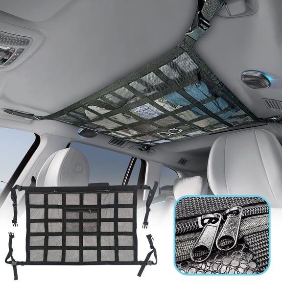 Upgraded Car Ceiling Mesh Cargo Net with Reinforced Straps, Expandable Transparent Storage Organizer with Zipper Pocket for SUV Jeep Off Road Vehicles