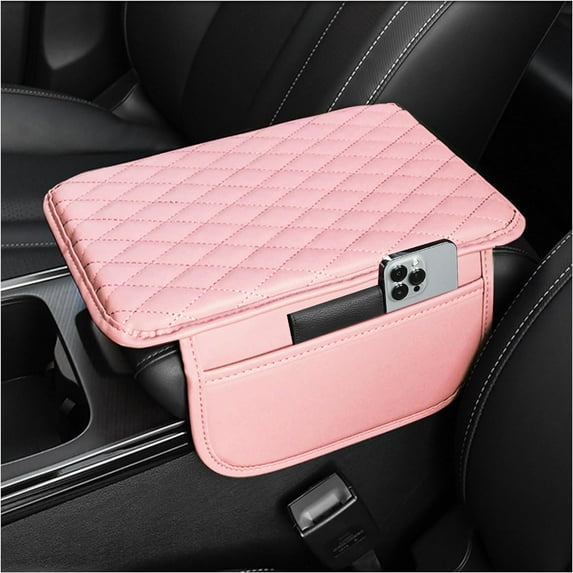 Microfiber Leather Car Armrest Cover Cushion Upgraded Car Center Console Cover with 2 Storage Bags Universal Cars Interior Accessories Cars Armrest Storage Box for Most Vehicles, Pink