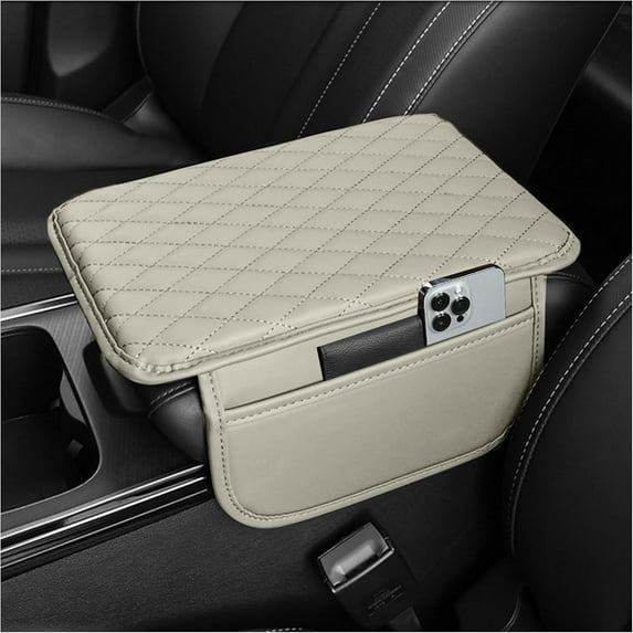 Upgraded Car Center Console Cover,Microfiber Leather Car Armrest Cover Cushion with 2 Storage Bags,Universal Car Armrest Storage Box Car Interior Accessories for Most Vehicles (Light Beige)