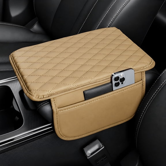 Upgraded Car Center Console Cover,Microfiber Leather Car Armrest Cover Cushion with 2 Storage Bags,Universal Car Armrest Storage Box (Beige)