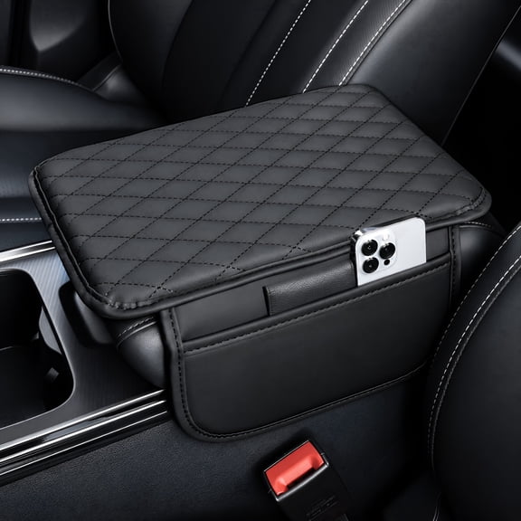 Upgraded Car Center Console Cover,Microfiber Leather Car Armrest Cover Cushion with 2 Storage Bags,Universal Car Armrest Storage Box (Black)