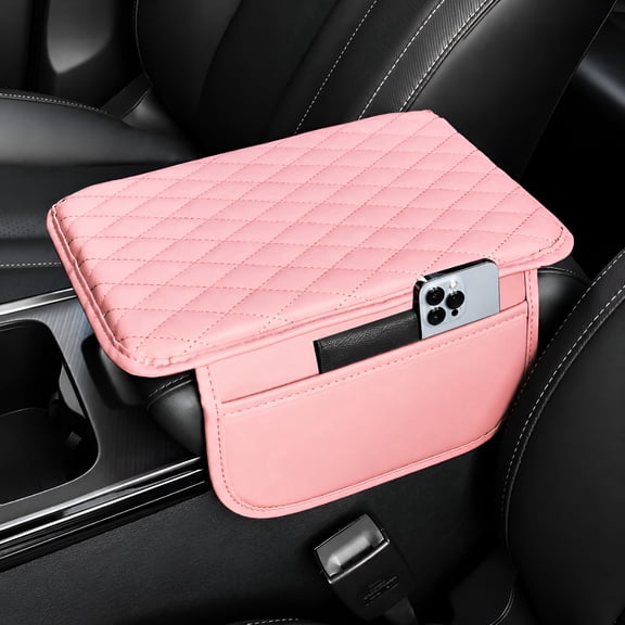 Upgraded Car Center Console Cover,Microfiber Leather Car Armrest Cover Cushion with 2 Storage Bags,Universal Car Armrest Storage Box (Pink)