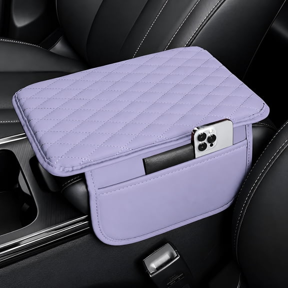 Upgraded Car Center Console Cover,Microfiber Leather Car Armrest Cover Cushion with 2 Storage Bags,Universal Car Armrest Storage Box (Purple)