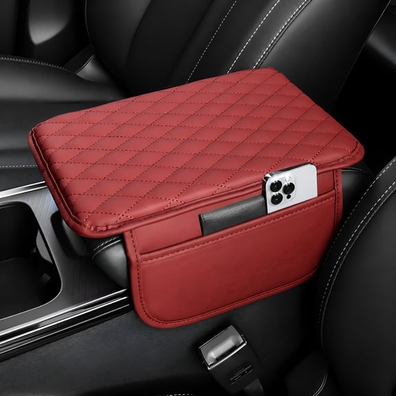 Unbranded Car Armrest Cover Cushion Microfiber Leather Universal Red with 2 Storage Bags Anti-Slip 1 Pack