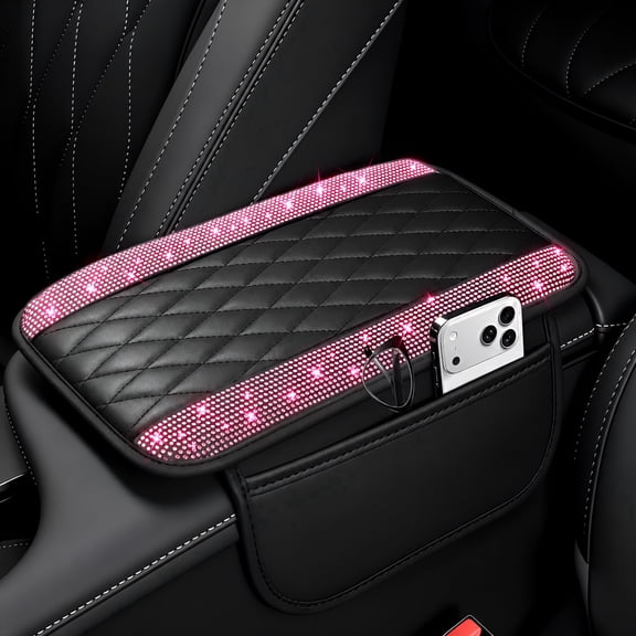 Car Armrest Cover with Rhinestones, Microfiber Leather, Anti-Slip, Pink, Universal, 1-Pack