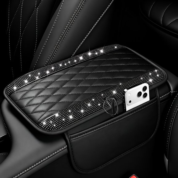 Upgraded Car Center Console Cover with Rhinestones,Microfiber Leather Car Armrest Cover Cushion with 2 Storage Bags,Universal Cars Armrest Storage Box as Cars Interior Accessories