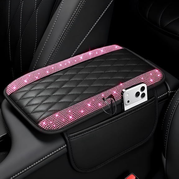 Car Armrest Cover with Rhinestones, Microfiber Leather, Anti-Slip, Pink, Universal, 1-Pack
