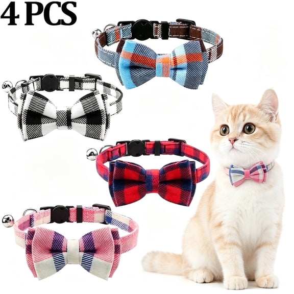 OFEFE Upgraded Cat Collar with Bells, Breakaway Cat Collars with Bow Tie, 1 Pack Girl Boy Safety Plaid Kitten, Black+Red+ Pink+Haze Blue