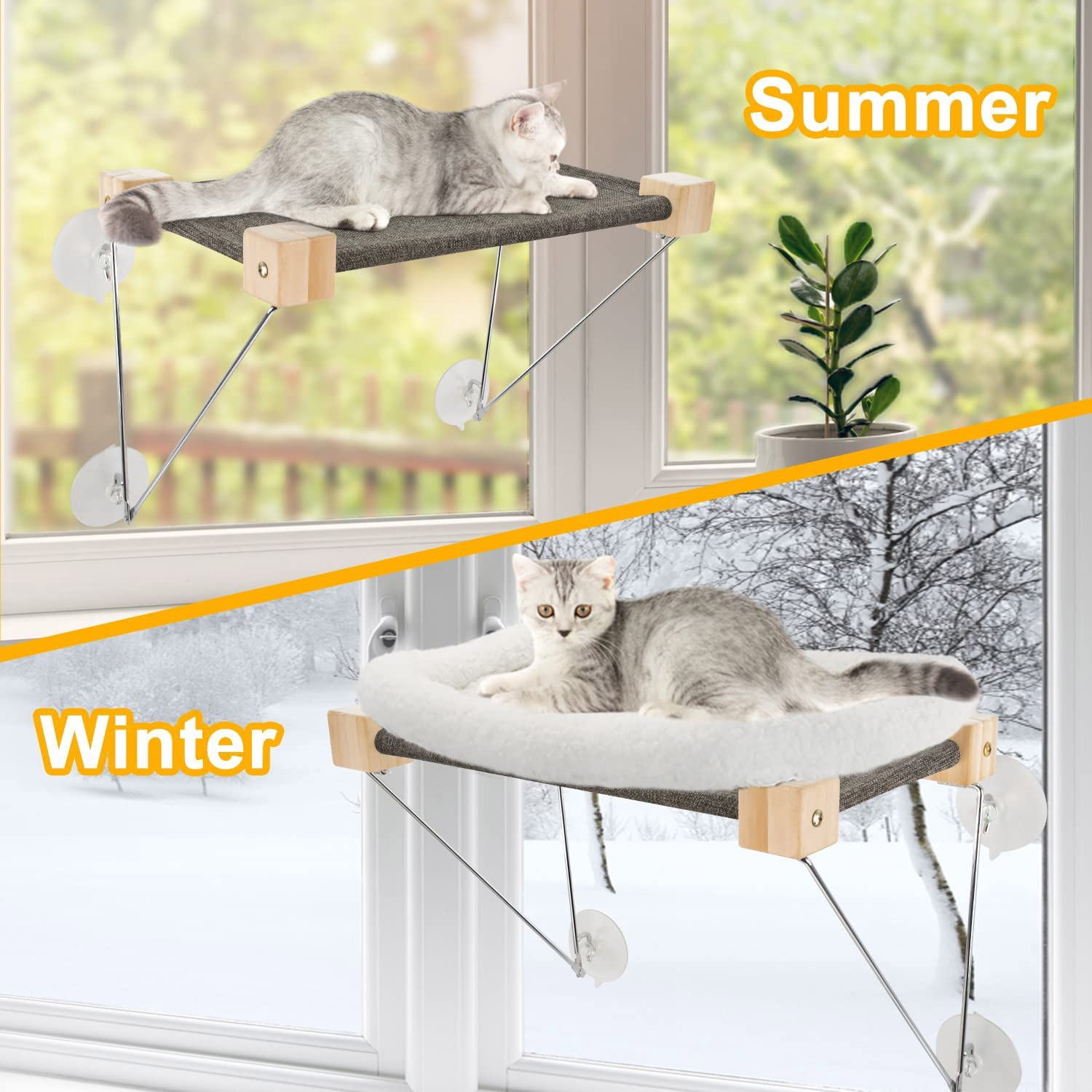 Upgraded Cat Window Perch for Indoor Cats, Cat Window Hammock with Solid Wood Frame & Iron Bracket, Window Hammock Cat Bed for Large Cats & Kittens- for Sunbathing, Napping & Overlooking