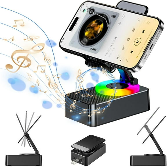 Upgraded Cell Phone Stand with Induction Speaker/Power Bank/Atmosphere Light, 5 in 1 Phone Holder Mount with Emergency Rechargeable, Anti-Slip Base 360° Rotation, for Office, Home (Black)