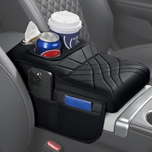 Upgraded Center Console Cover,PU Leather Armrest Cover Cushion Contains High Elasticity Sponge with 2 Storage Bags Tissue Box (Black-A)