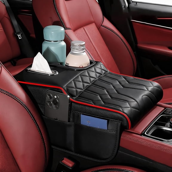 Upgraded  Center Console Cover,PU Leather  Armrest Cover Cushion Contains High Elasticity Sponge with 2 Storage Bags Tissue Box (Black RED-B)