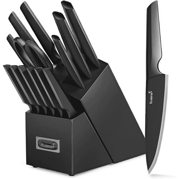 Upgraded Chef Knife Set One Piece Molding High Carbon Stainless Steel Super Sharp Blade Ergonomic Steel Handle Knife Block Set with Built-in Sharpener EX Black Pro 15PCS