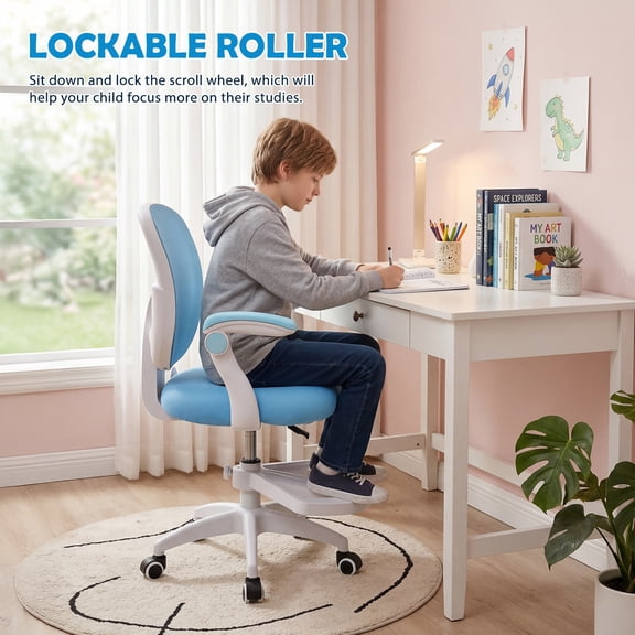 Upgraded Children Desk Chair with Flipped Armrest and Footrest, Height Adjustable Swivel Kids Computer Chair, Children Study Chair for Home, School and Library-Blue