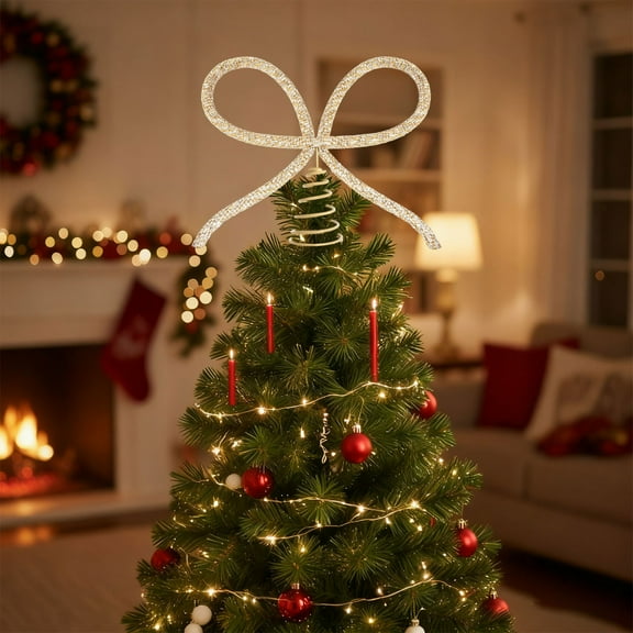 Upgraded Christmas Christmas Tree Top Metal Rhinestone Bow Decorations Party Ambiance Decoration Props K