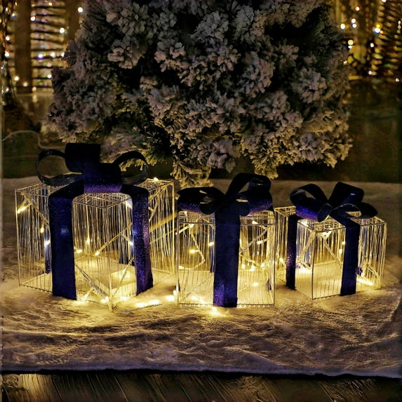 Upgraded Christmas Decorations,Set of 3 Christmas Lighted Gift Boxes LED Light up Present Ornament for Tree Indoor Outdoor Yard Holiday Door