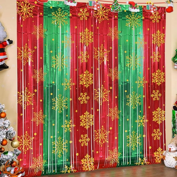 Upgraded Christmas Party Decorations - 2 Pack Foil Fringe Curtains 78x39inch Red Green Snowflake Tinsel Streamers Photo Backdrop for New Year, Ugly Sweater Party Decor B