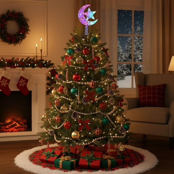 Upgraded Christmas Tree Toppers Decoration Glowing MoonPentagram Modeling Christmas Decoration Items I
