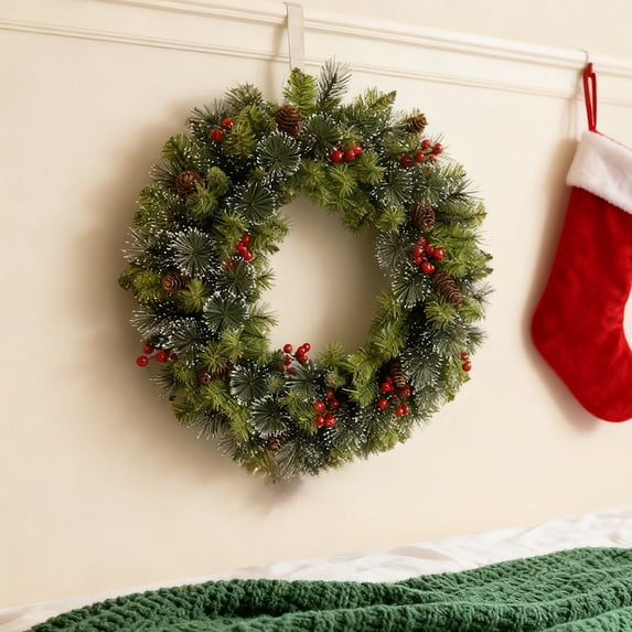 Upgraded Christmas Wreath Spruce Decorated With Pines Cones Berry Clusters Frosted Branches Christmas Decorated T