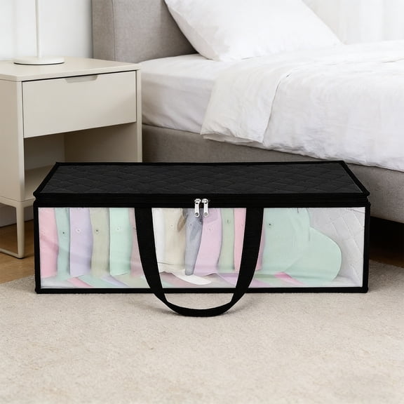 Upgraded Clear Zippered Underbed Storage Bag, Visible Organizer for Seasonal Garments, Hats and Wardrobe Accessories, Collapsible Heavy Duty Fabric, Black, 20.08inx8.27inx8.27in