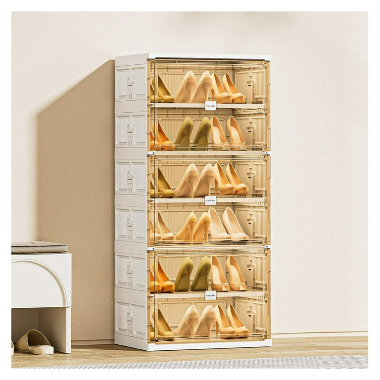 Upgraded Collapsible Shoe Organizer Storage Box 6 Layers 12 Grids Portable Folding Shoe Rack for Closet Foldable Plastic Shoe Cabinet with Magnetic