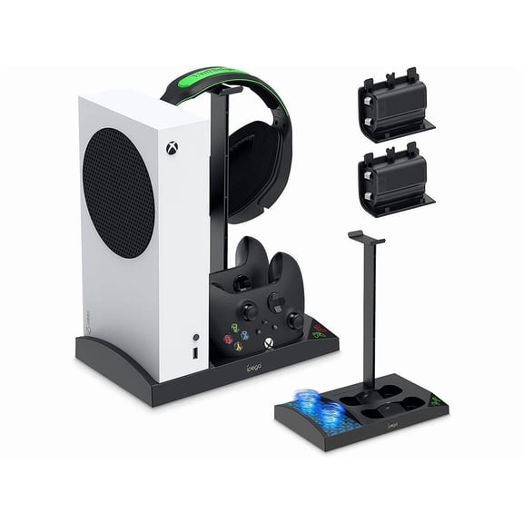 Upgraded Cooling Stand for Xbox Series S Console with Controller Charging Station - Dual Powerful Cooling Fan & Controller Charger Dock with 2 x 1400mAh Rechargeable Batteries, Headset Holder for XSS