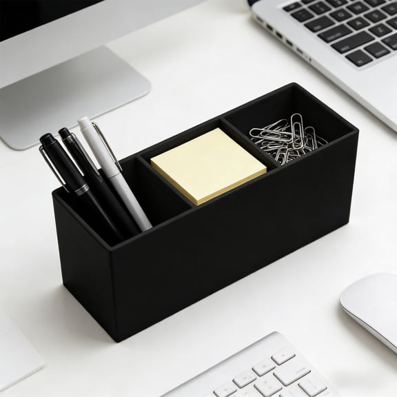 Upgraded Divided Desktop Storage Organizer Box, Multi-purpose Holder for Office Pens and Makeup Supplies, Split Compartment Layout for Neat Classification, Black