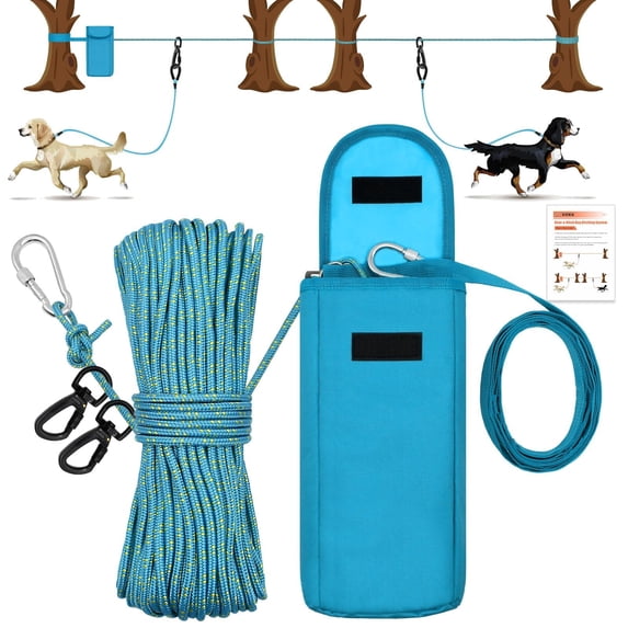 Upgraded Dog Tie Out Cable for Camping, 100FT Portable Trolley System for 2 Dogs, Knot-a-Hitch Dogs Hitching System up to 250lbs, Dog Runner for Yard Camping Training Running Hiking Outdoor