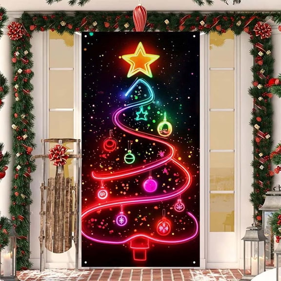Upgraded Door Curtain Decoration Flag Neon Christmas Indoor And Outdoor Decoration Christmas Door Cover O
