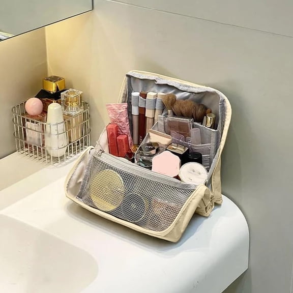 Upgraded Doresty Standing Up Makeup Bag Multi-Purpose Large Capacity Cloth Standing Makeup Bag Portable Waterproof Toiletry Bag With Compartments F