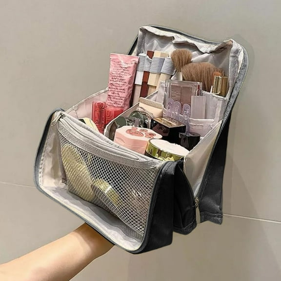 Upgraded Doresty Standing Up Makeup Bag Multi-Purpose Large Capacity Cloth Standing Makeup Bag Portable Waterproof Toiletry Bag With Compartments G