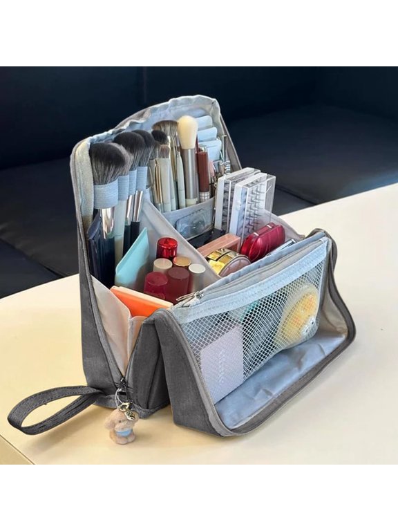 Upgraded Doresty Standing Up Makeup Bag Multi-Purpose Large Capacity Cloth Standing Makeup Bag Portable Waterproof Toiletry Bag With Compartments I
