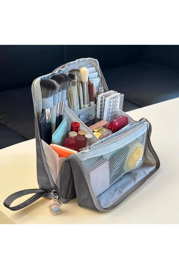 Upgraded Doresty Standing Up Makeup Bag Multi-Purpose Large Capacity Cloth Standing Makeup Bag Portable Waterproof Toiletry Bag With Compartments I