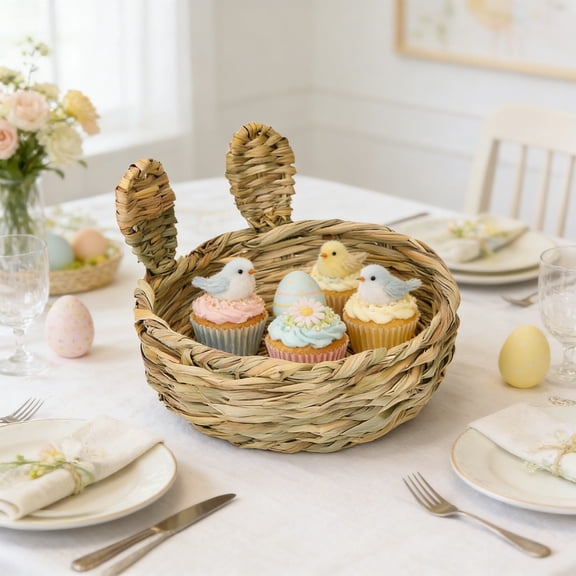 Upgraded Easter Bunny Ear Shaped Woven Storage Basket Natural Straw Bunny Organizer For Candy Gifts Toys Nursery Bathroom Home Decorative Bowl Charming Accent I